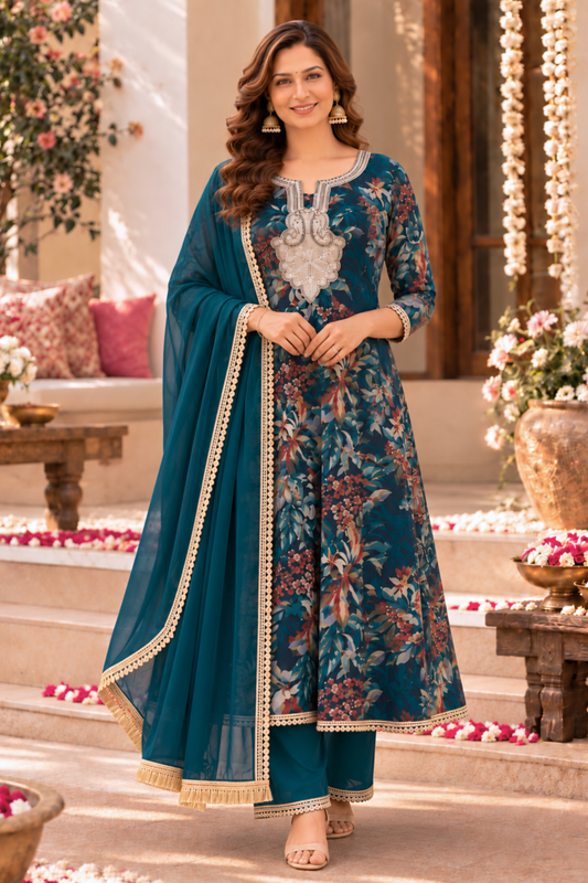 Teal Radiance Foiled Anarkali Set