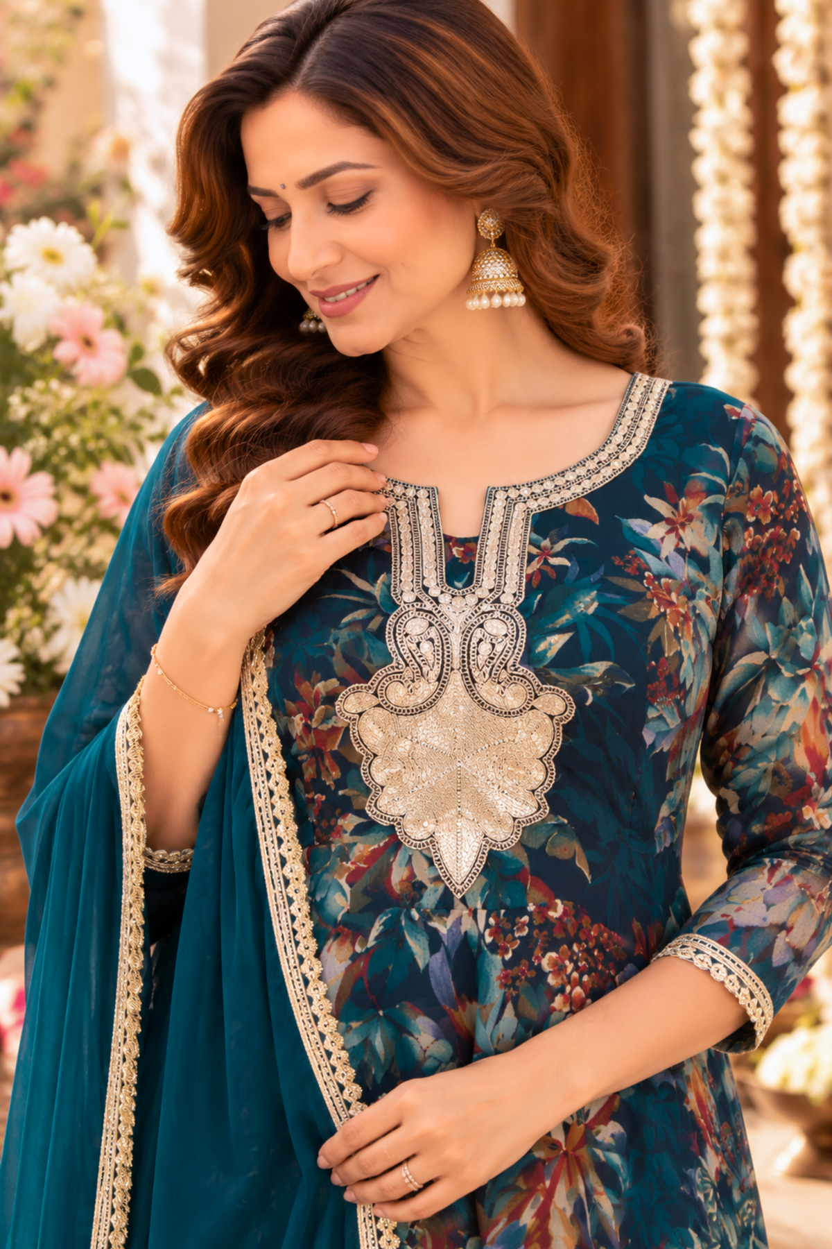 Teal Radiance Foiled Anarkali Set