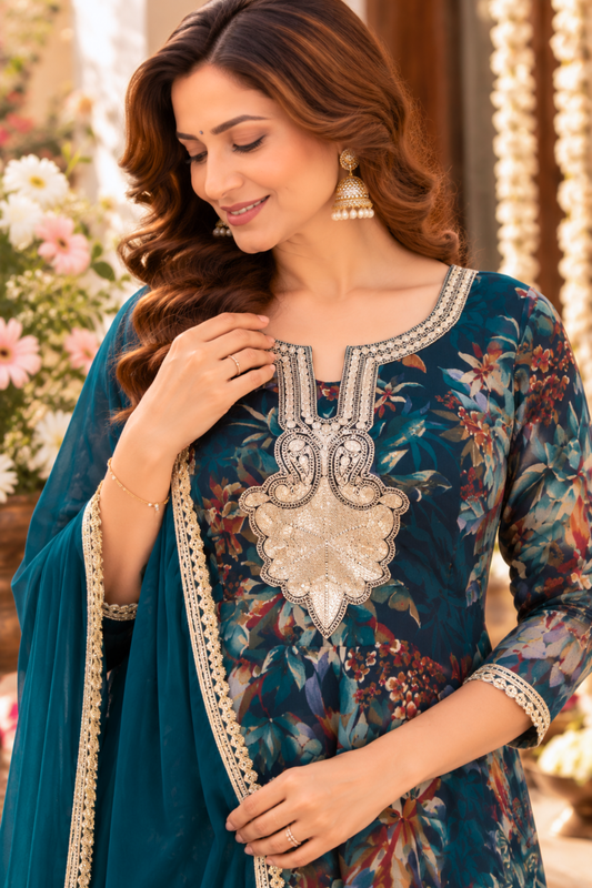 Teal Radiance Foiled Anarkali Set