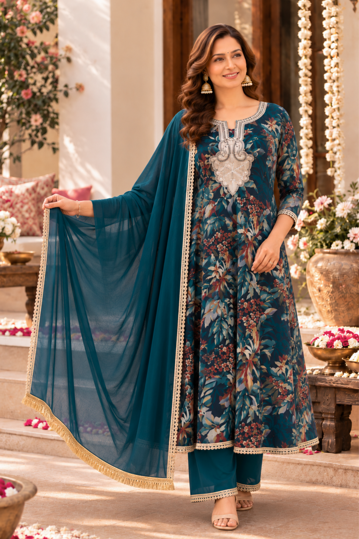 Teal Radiance Foiled Anarkali Set