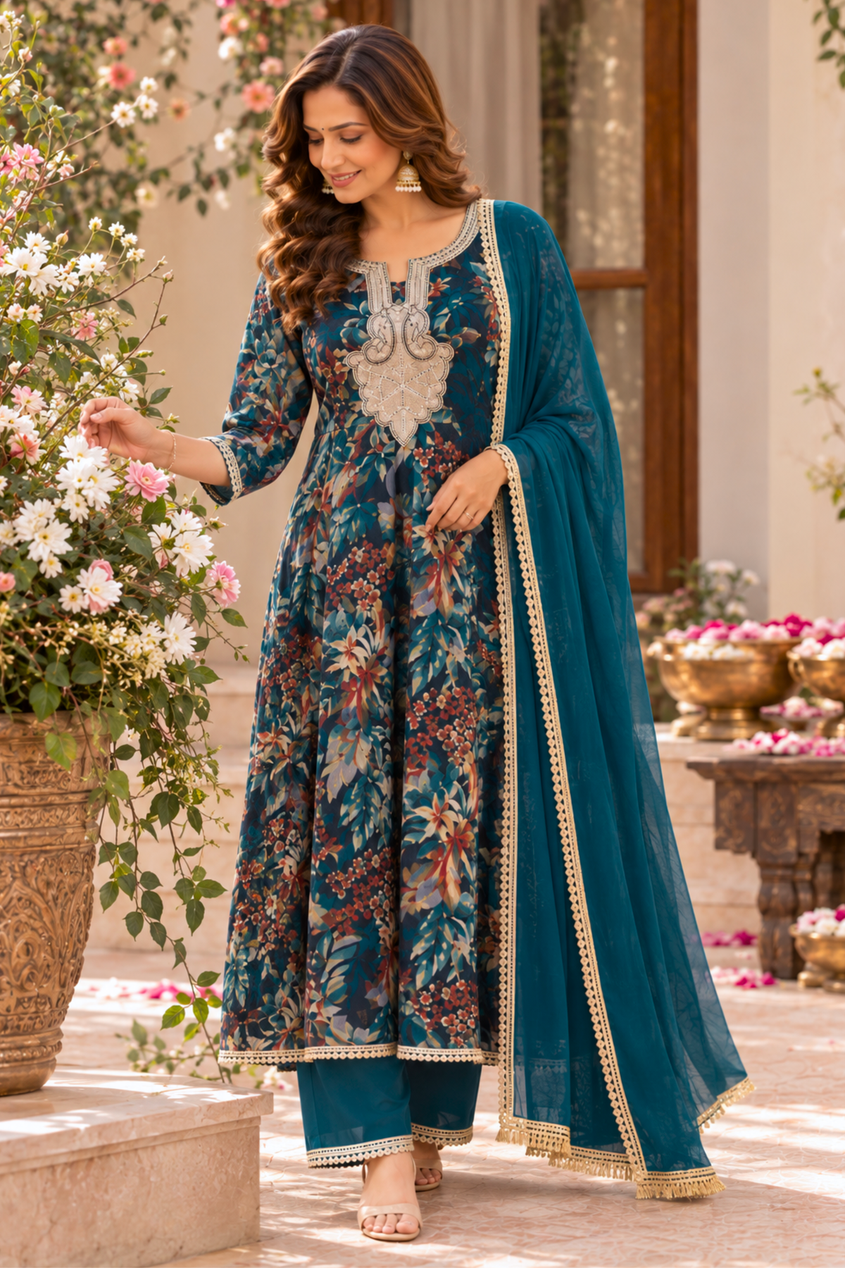 Teal Radiance Foiled Anarkali Set