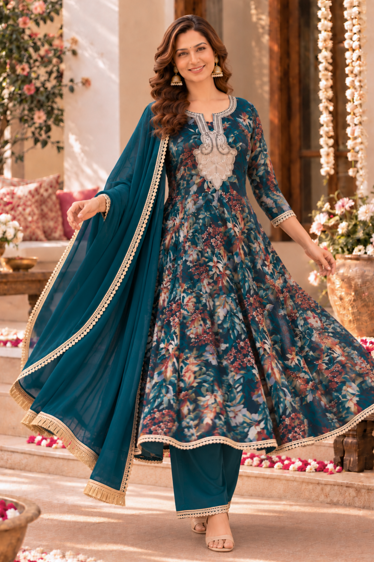 Teal Radiance Foiled Anarkali Set