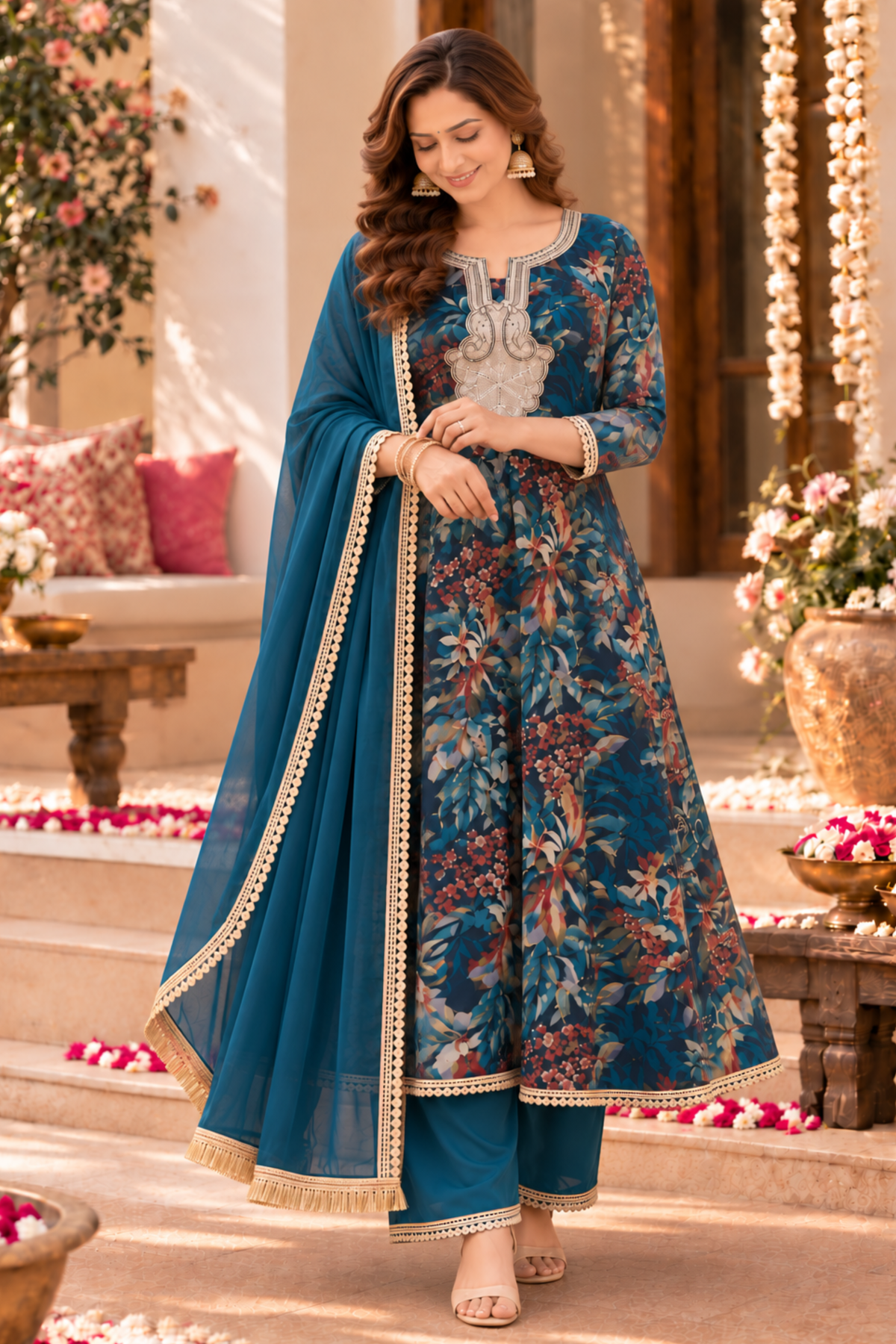 Teal Radiance Foiled Anarkali Set
