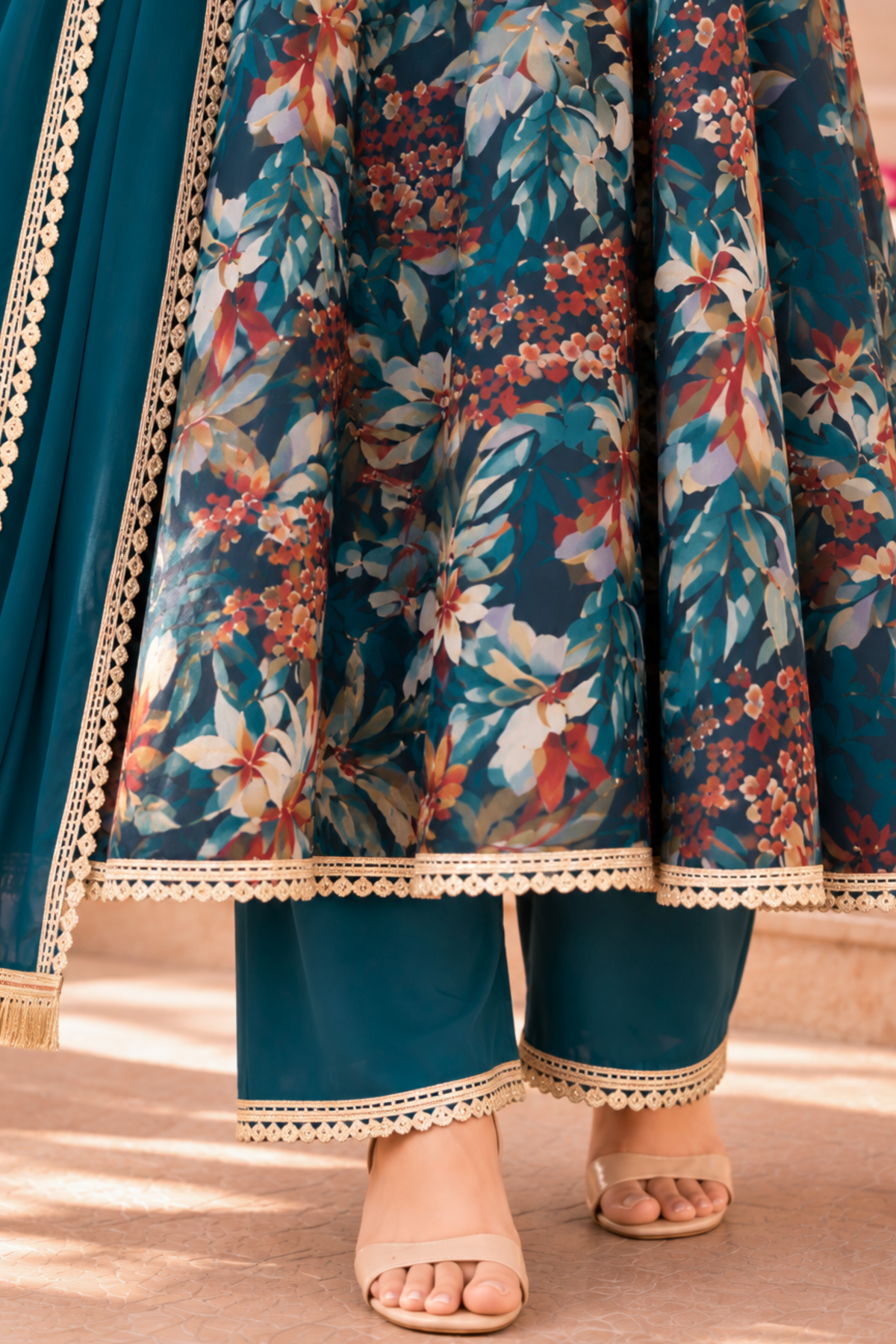 Teal Radiance Foiled Anarkali Set