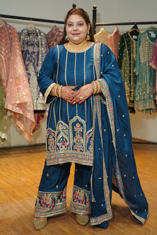 Aariza Blue Zari Embroidered Suit With Flared Pants