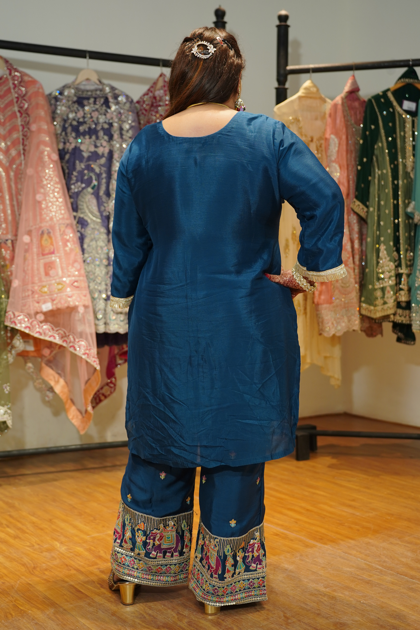 Aariza Blue Zari Embroidered Suit With Flared Pants