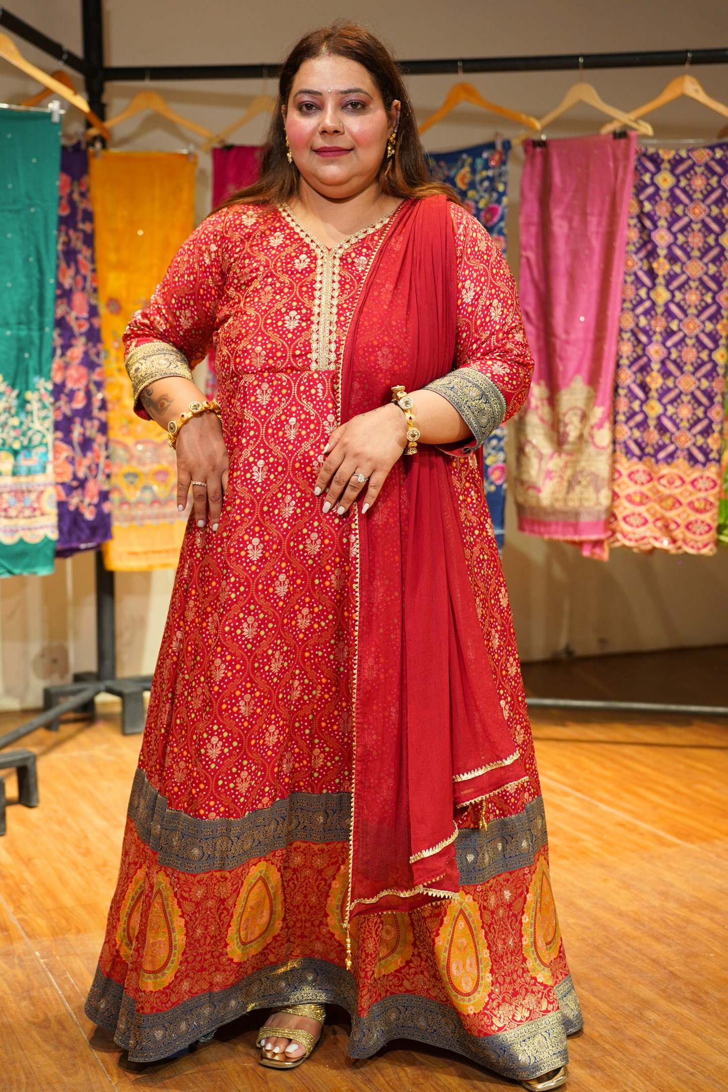 Aarohi Red Silk Dress with Jacquard Weave