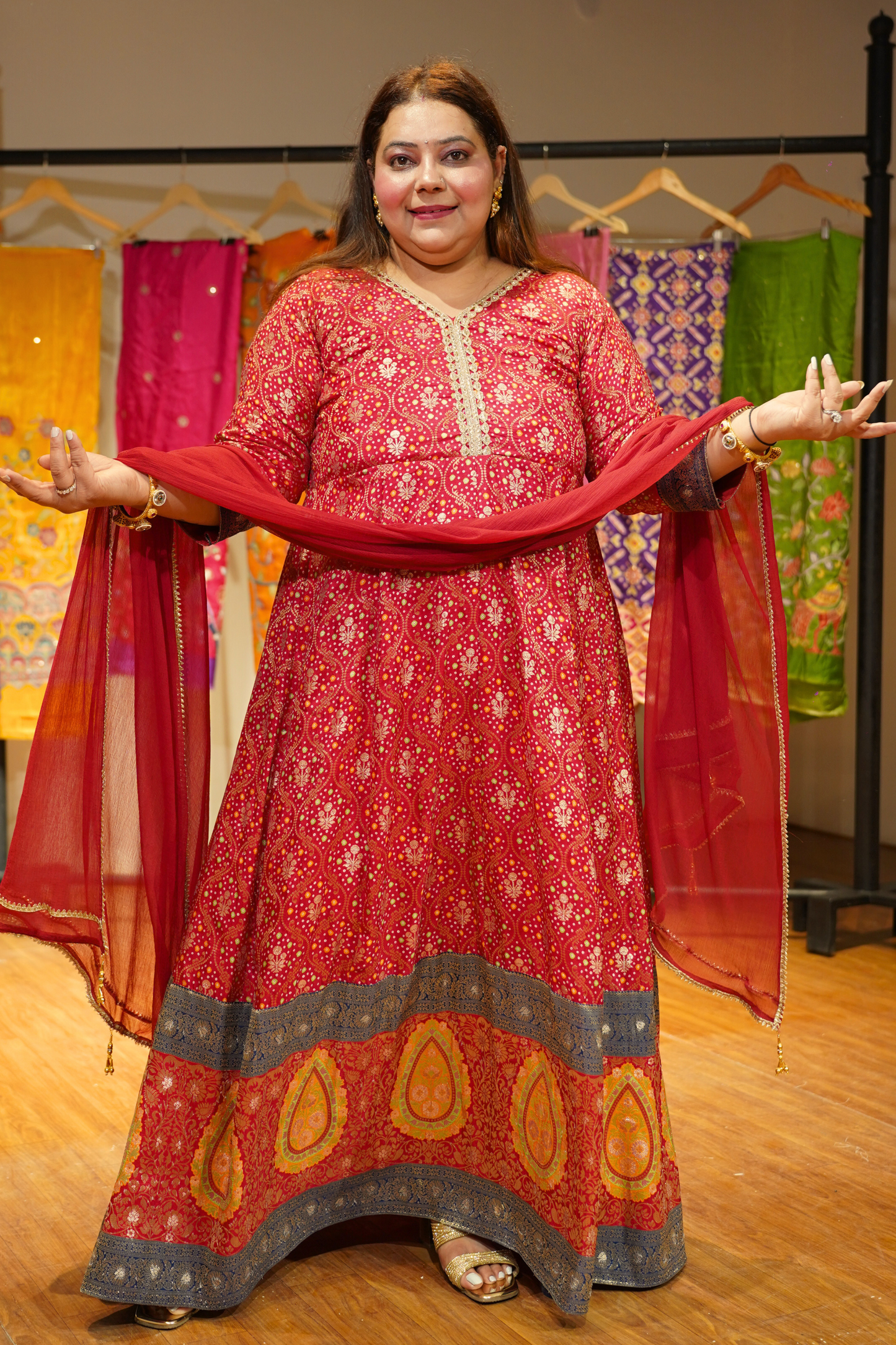 Aarohi Red Silk Dress with Jacquard Weave