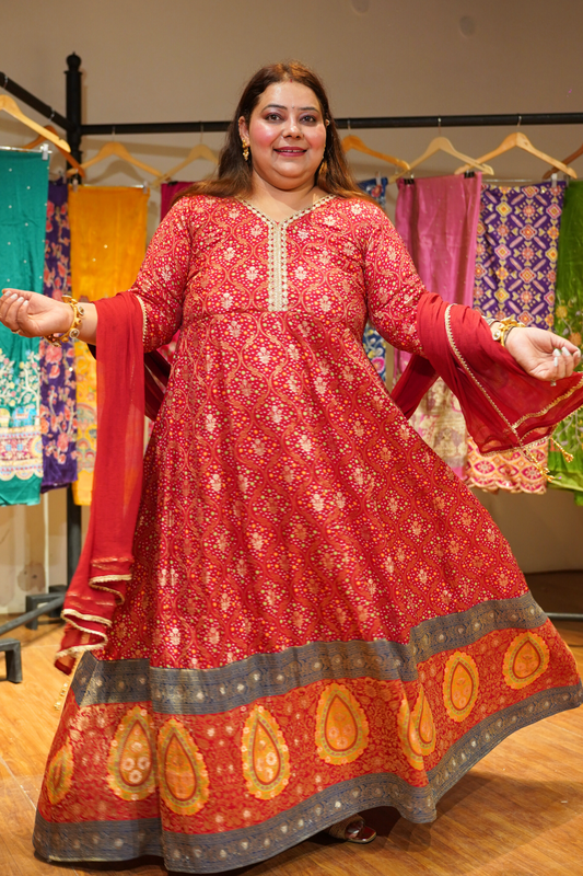 Aarohi Red Silk Dress with Jacquard Weave