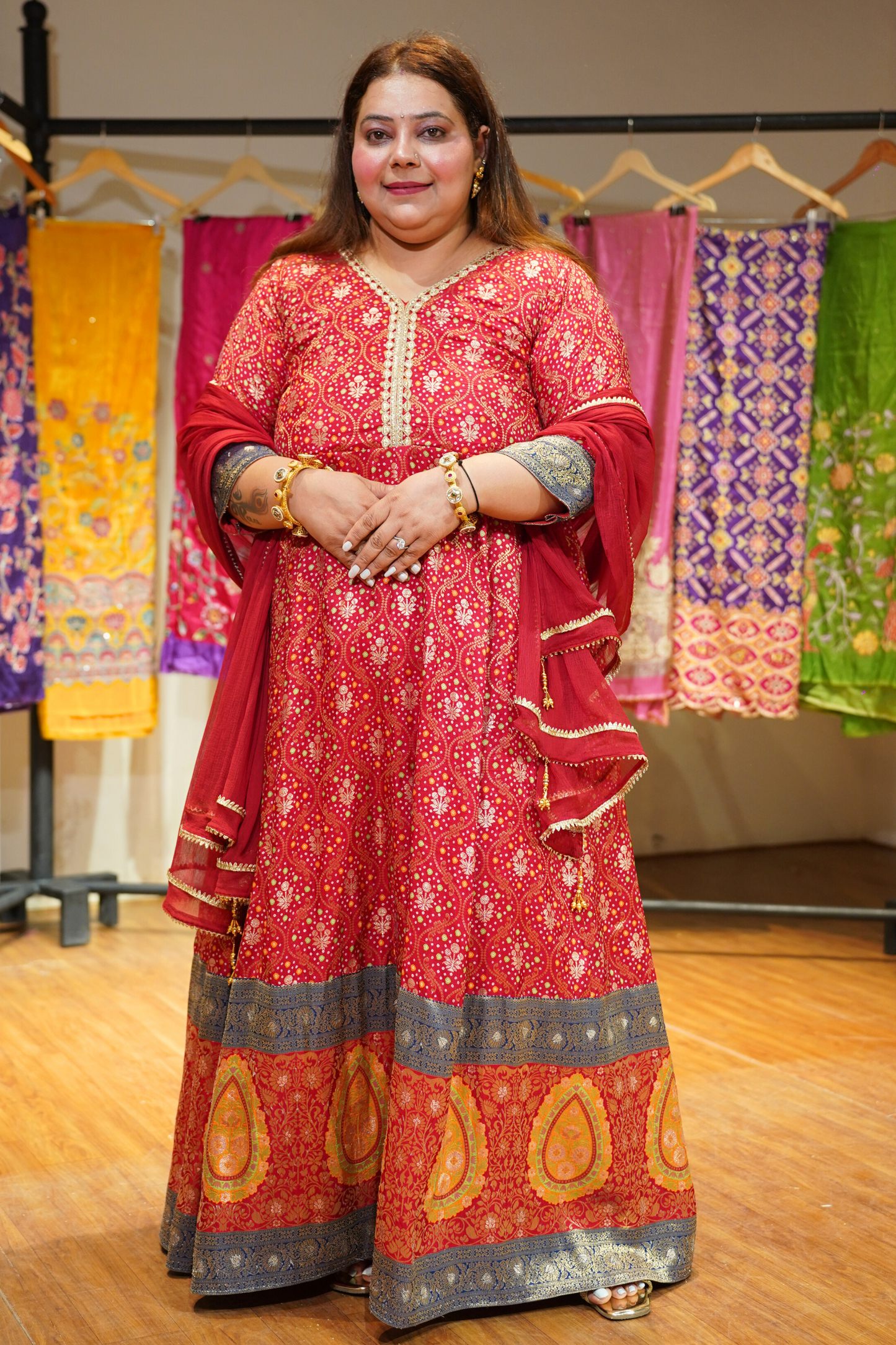 Aarohi Red Silk Dress with Jacquard Weave