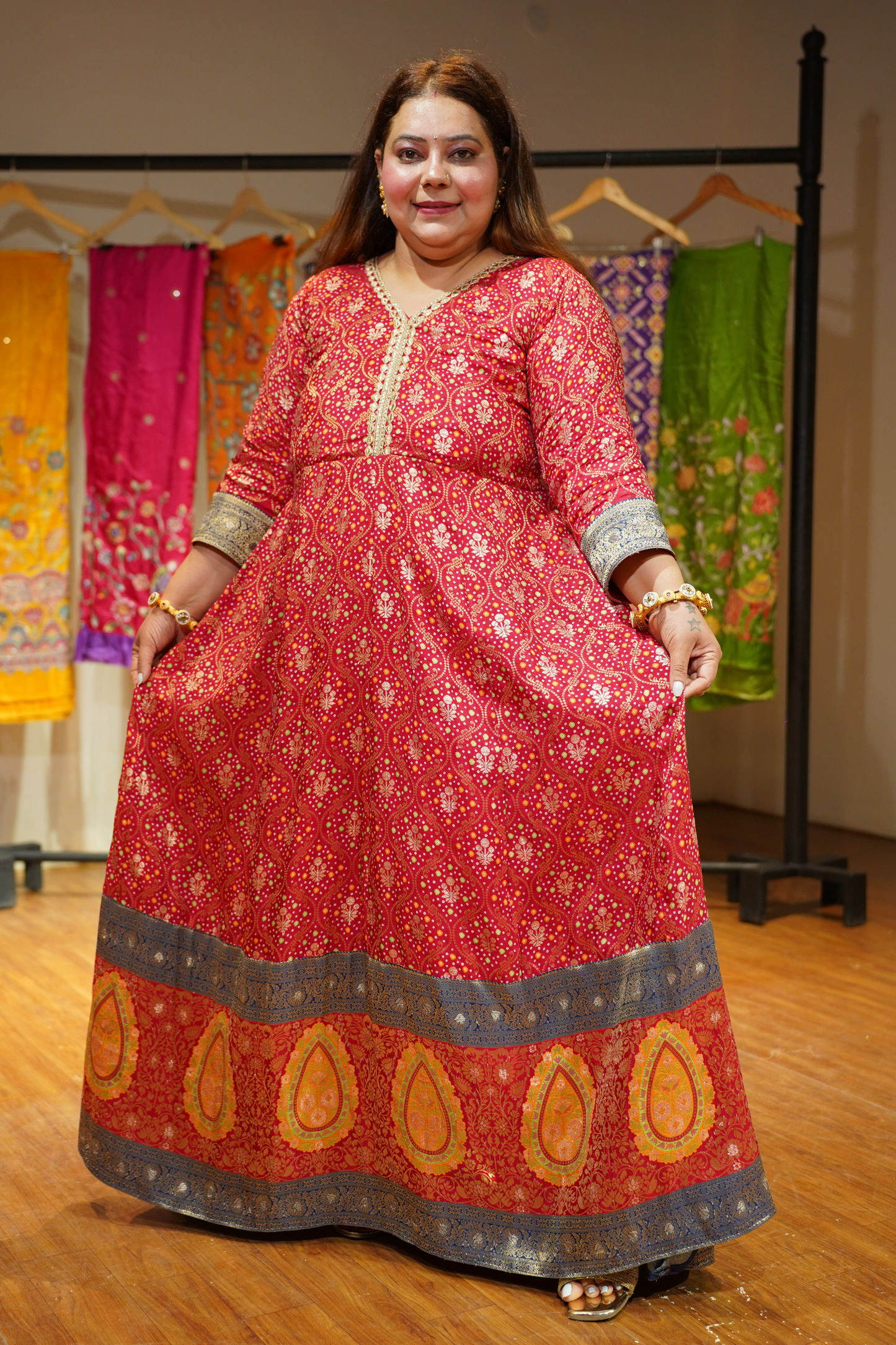 Aarohi Red Silk Dress with Jacquard Weave