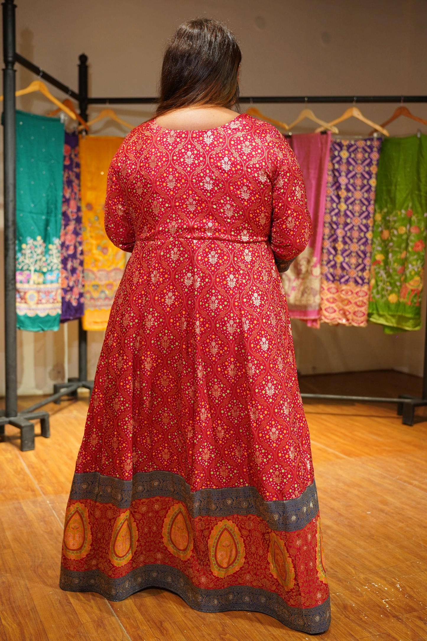 Aarohi Red Silk Dress with Jacquard Weave