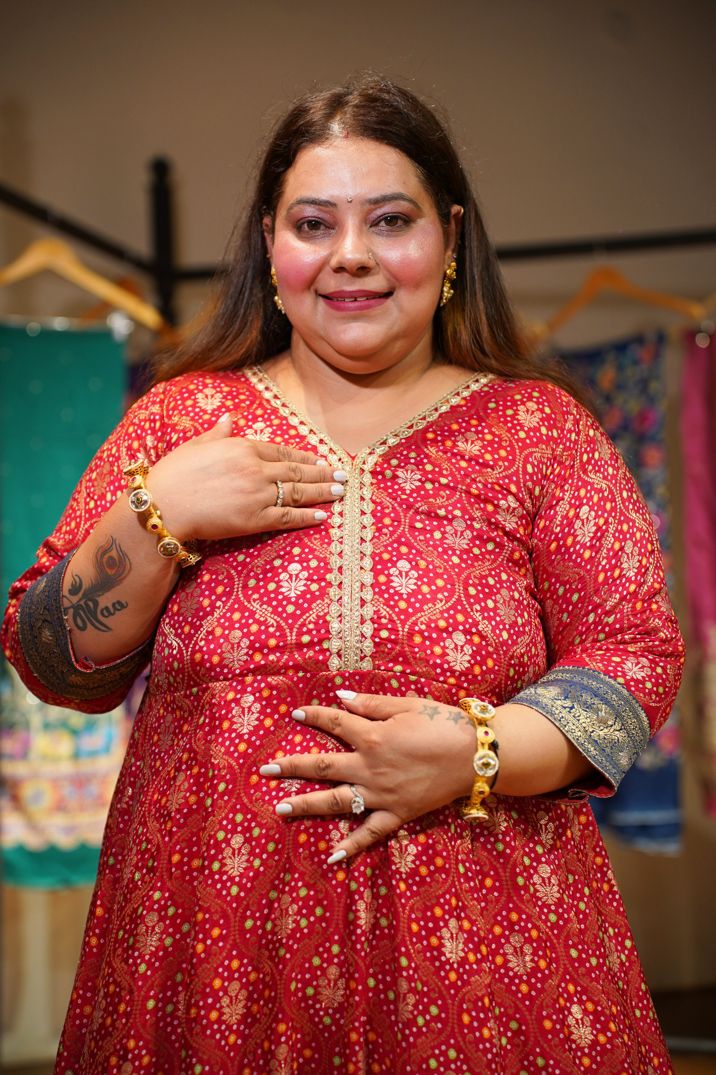 Aarohi Red Silk Dress with Jacquard Weave