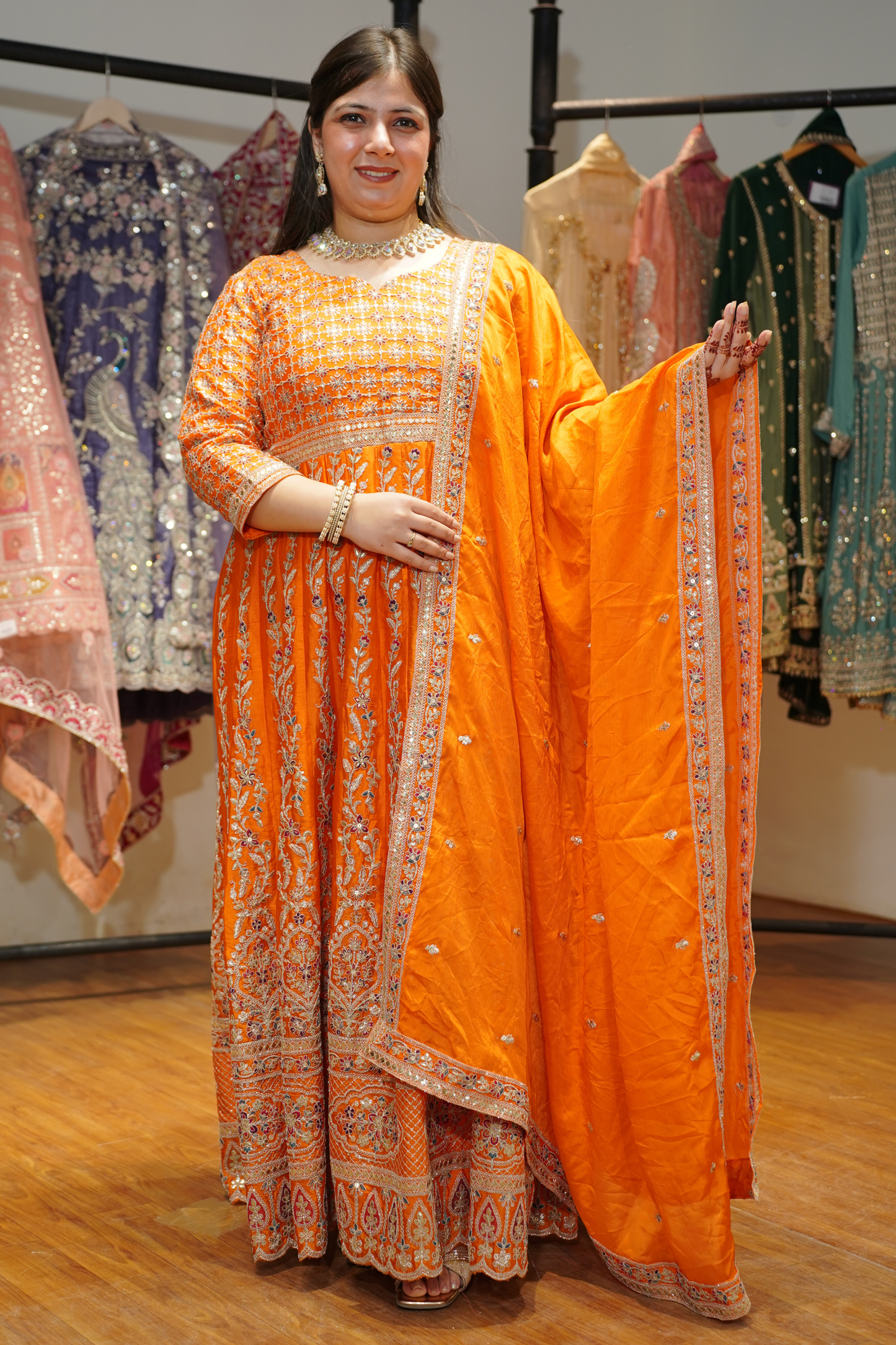 Aarunya Tangerine Embroidered Dress With Dupatta