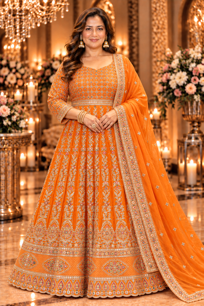 Aarunya Tangerine Embroidered Dress With Dupatta
