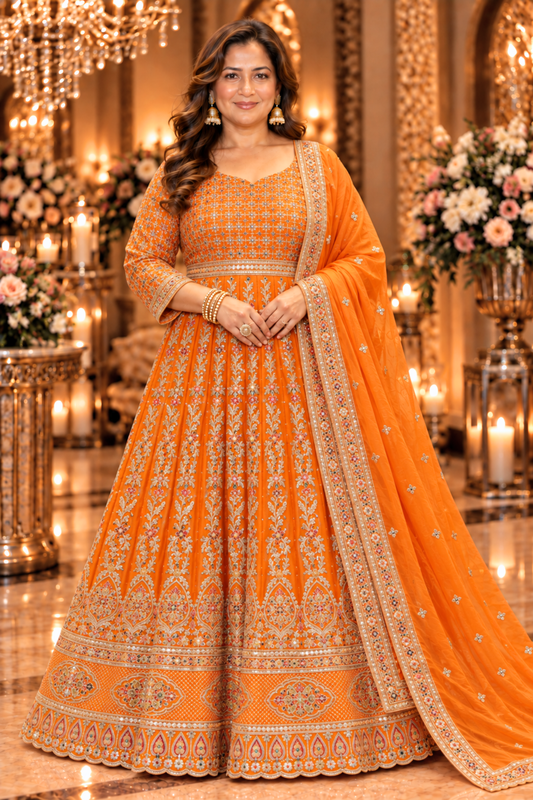 Aarunya Tangerine Embroidered Dress With Dupatta