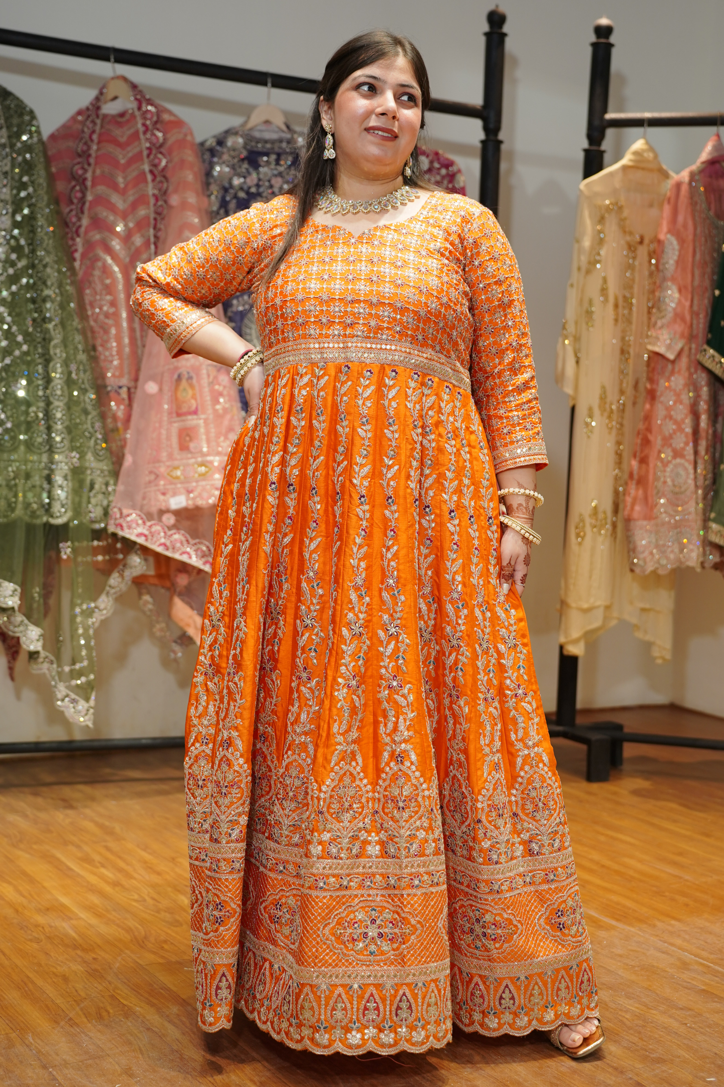 Aarunya Tangerine Embroidered Dress With Dupatta