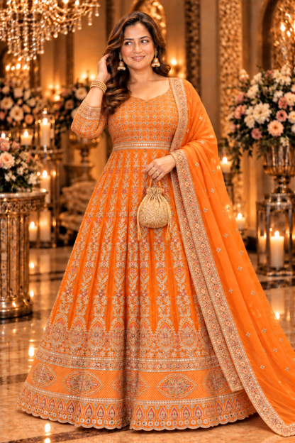 Aarunya Tangerine Embroidered Dress With Dupatta