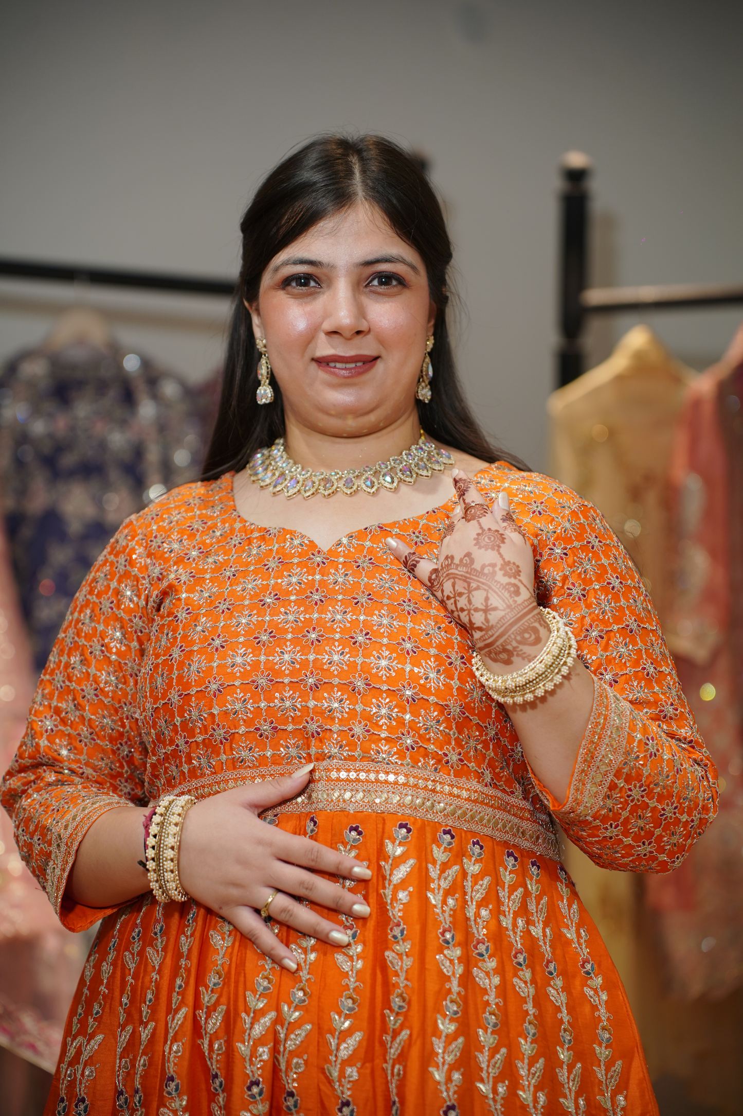 Aarunya Tangerine Embroidered Dress With Dupatta