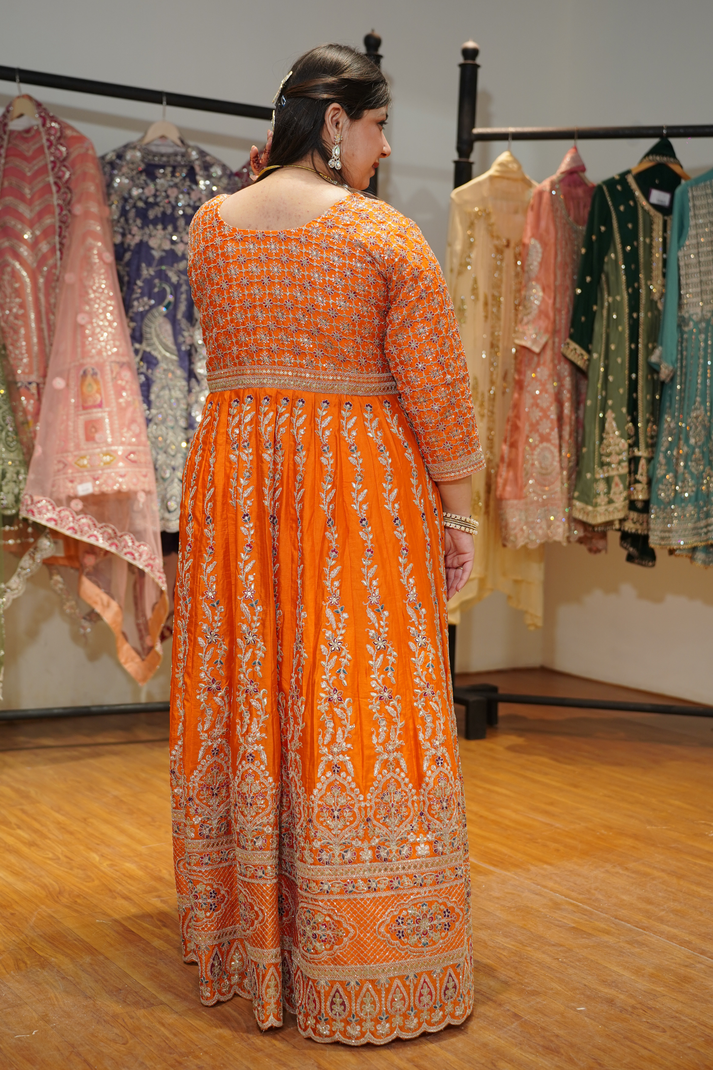 Aarunya Tangerine Embroidered Dress With Dupatta