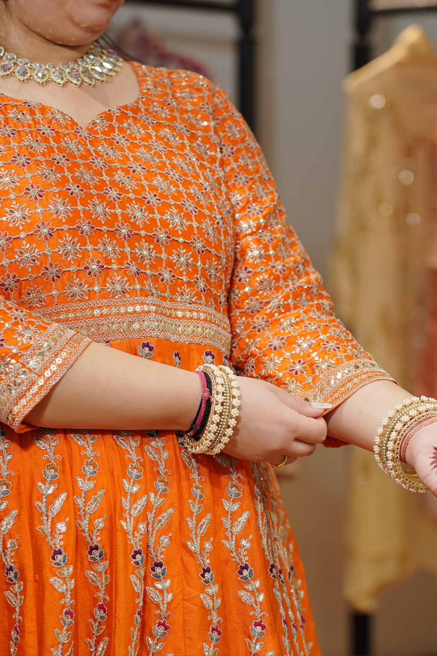 Aarunya Tangerine Embroidered Dress With Dupatta
