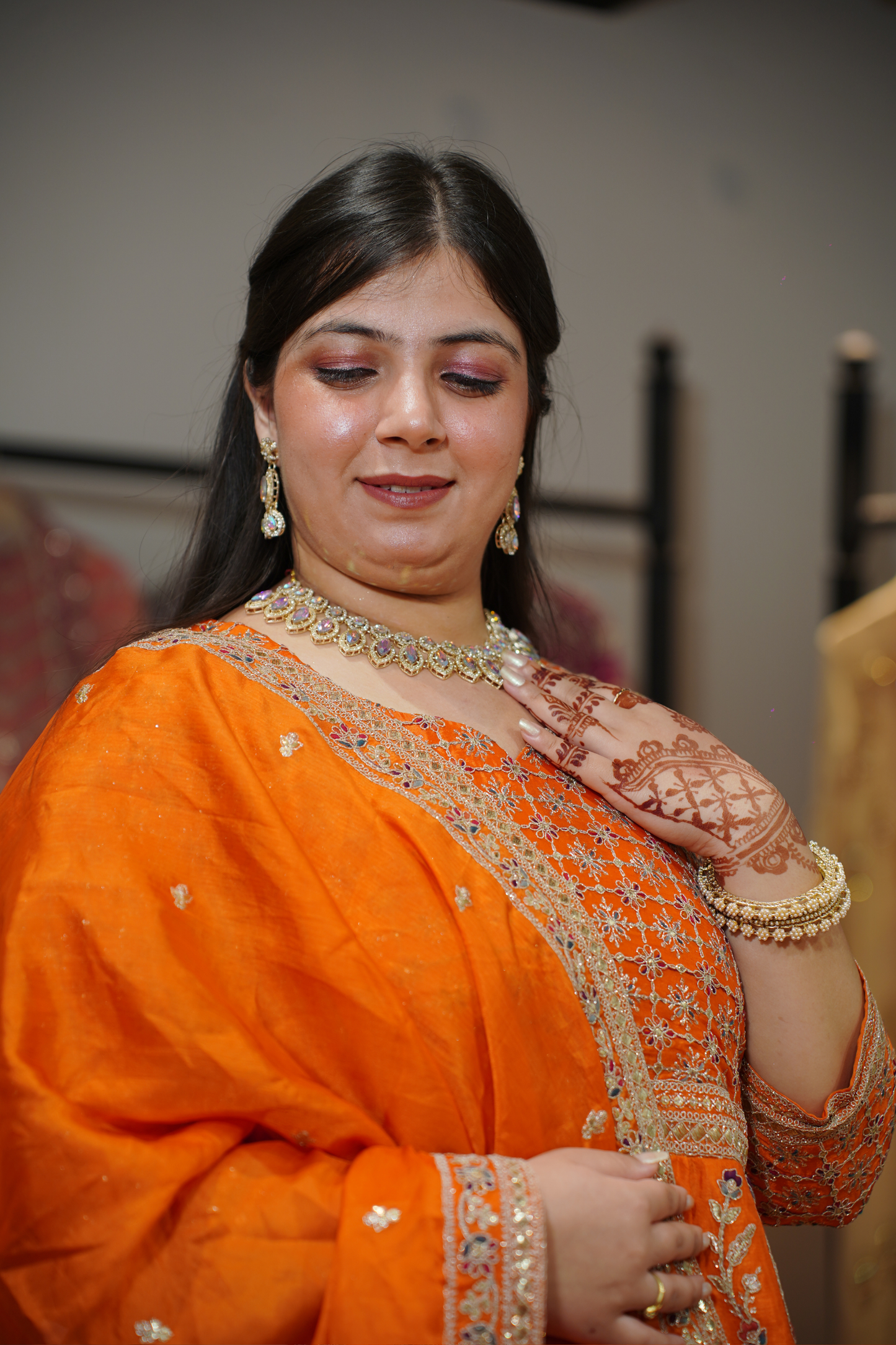 Aarunya Tangerine Embroidered Dress With Dupatta