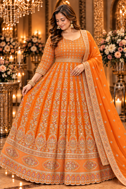 Aarunya Tangerine Embroidered Dress With Dupatta