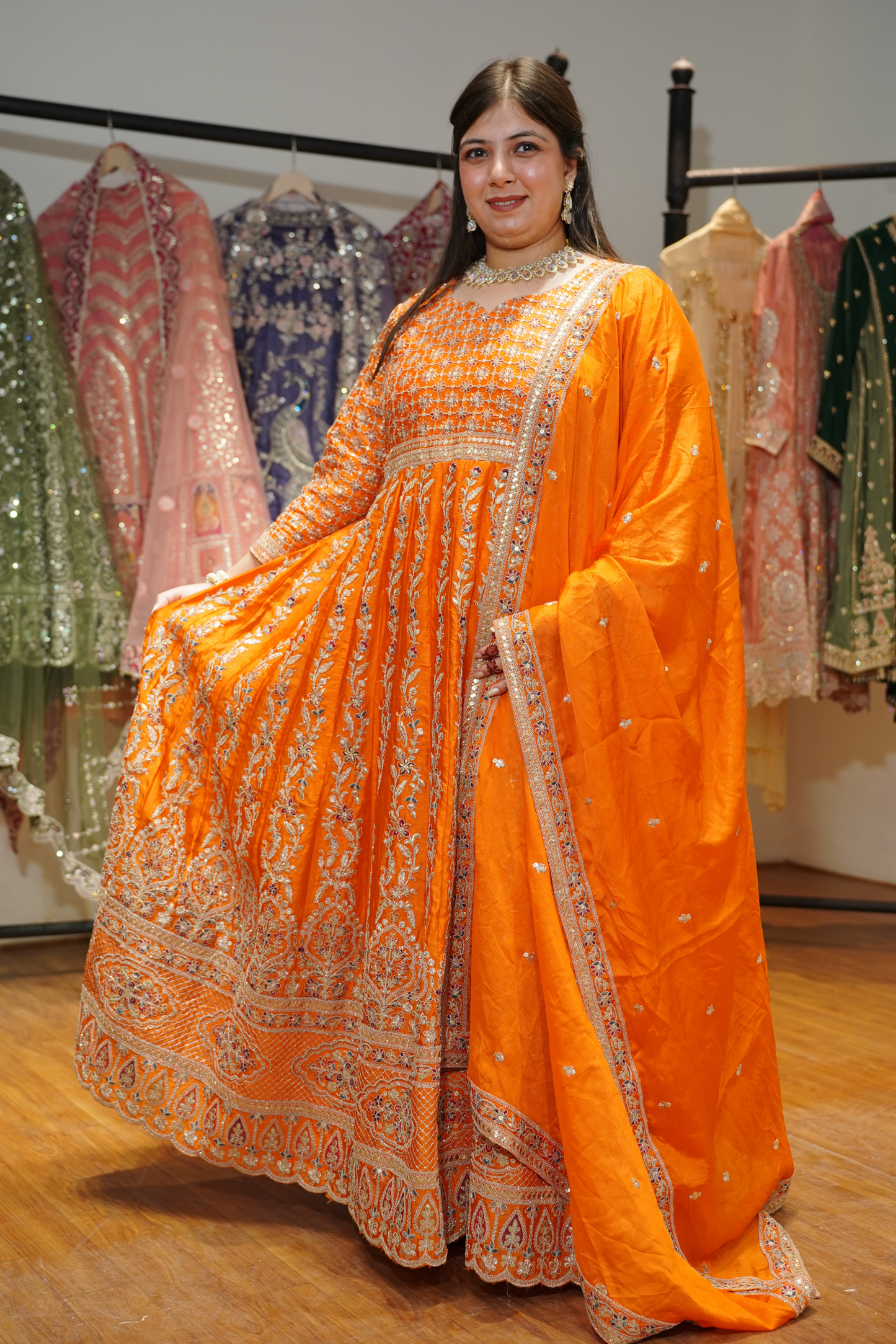 Aarunya Tangerine Embroidered Dress With Dupatta