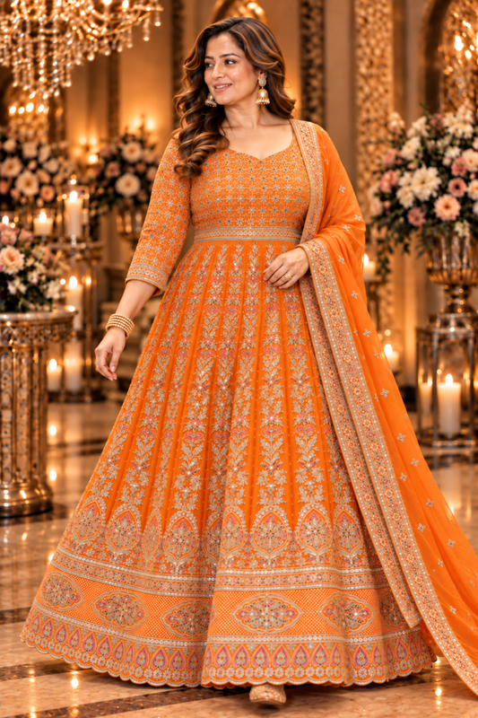 Aarunya Tangerine Embroidered Dress With Dupatta