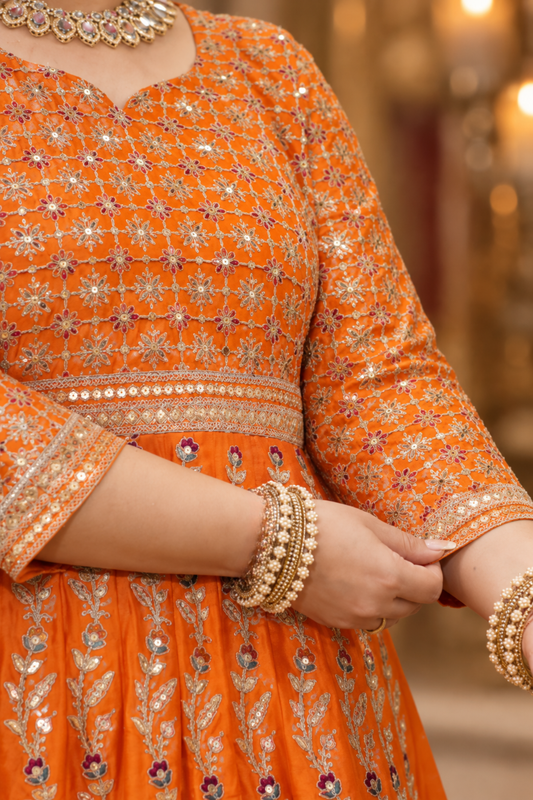 Aarunya Tangerine Embroidered Dress With Dupatta