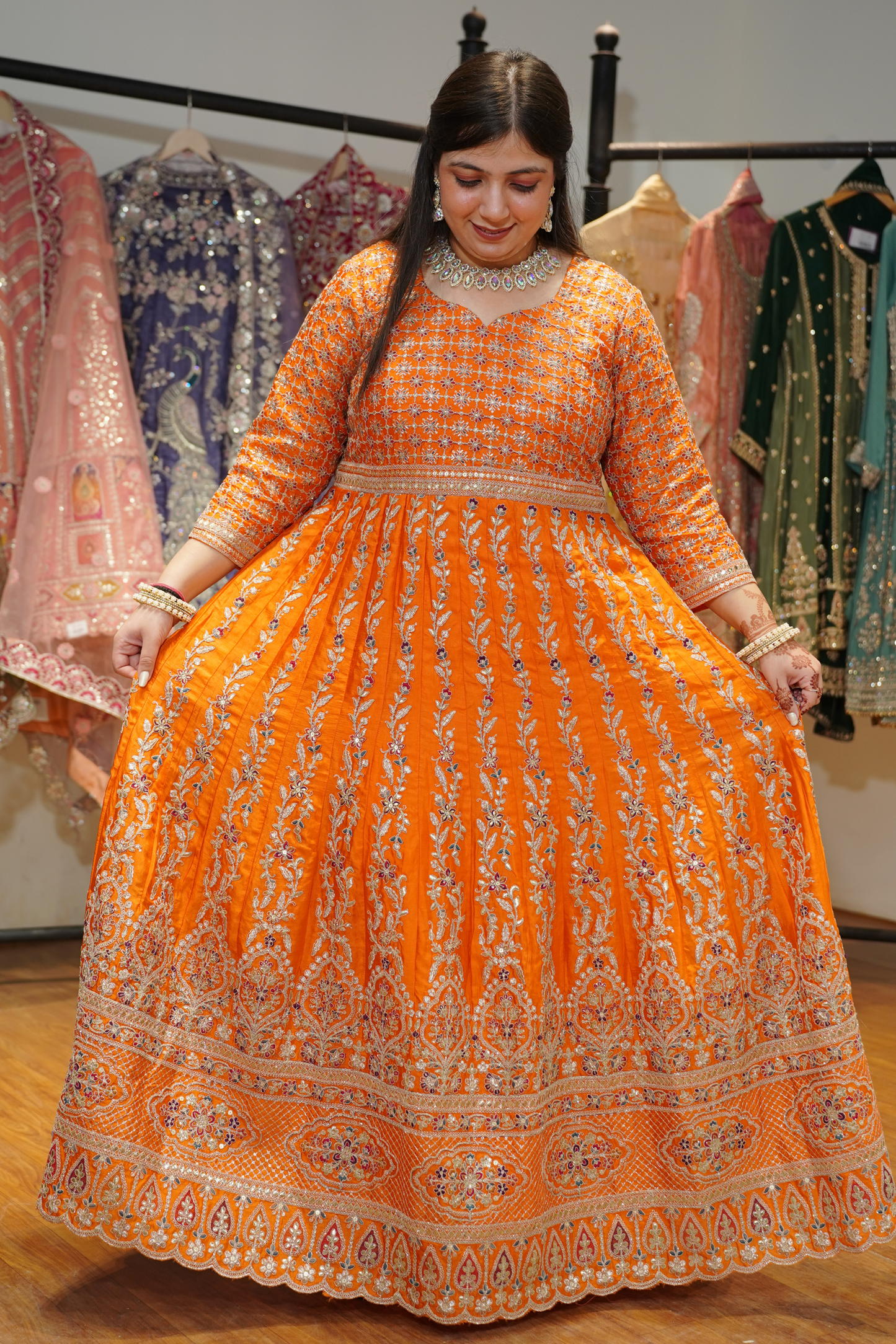 Aarunya Tangerine Embroidered Dress With Dupatta