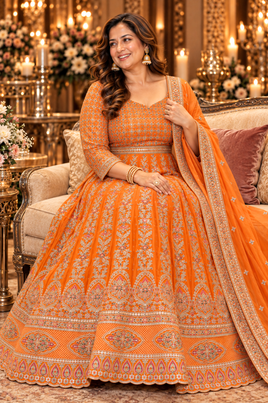 Aarunya Tangerine Embroidered Dress With Dupatta