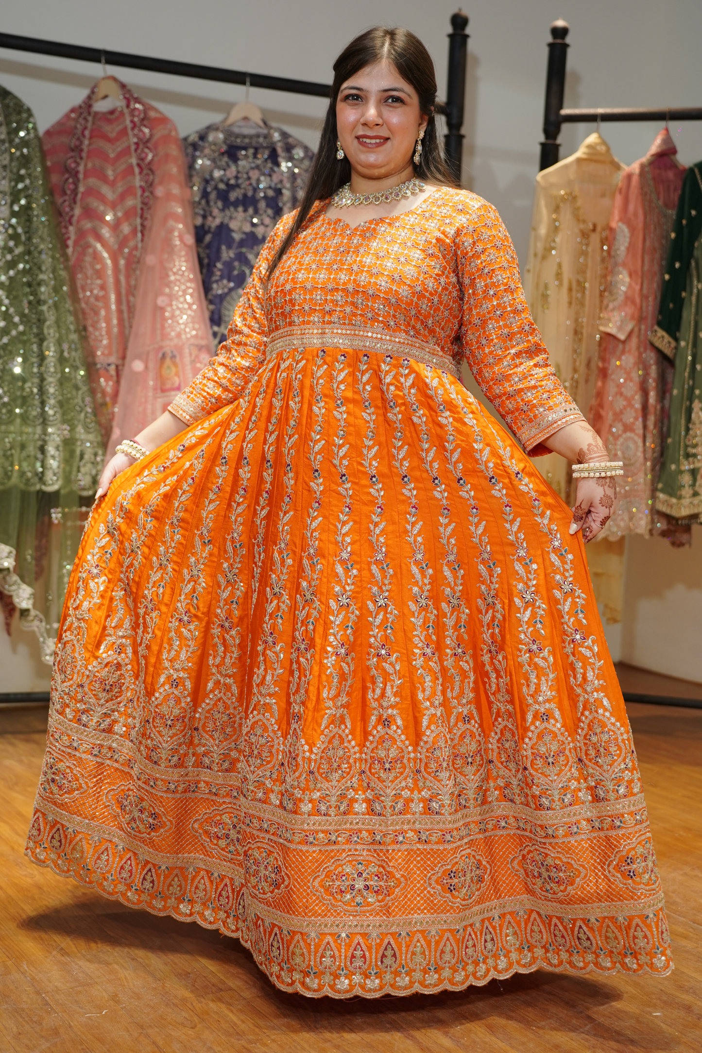 Aarunya Tangerine Embroidered Dress With Dupatta