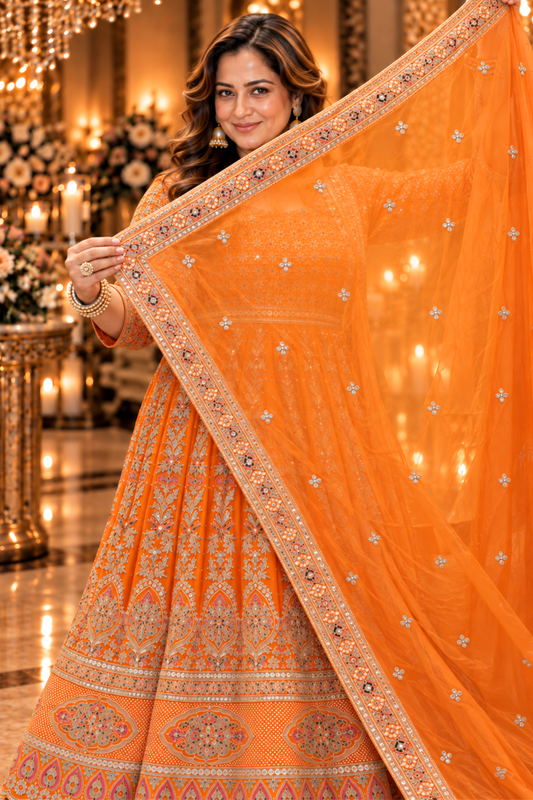 Aarunya Tangerine Embroidered Dress With Dupatta