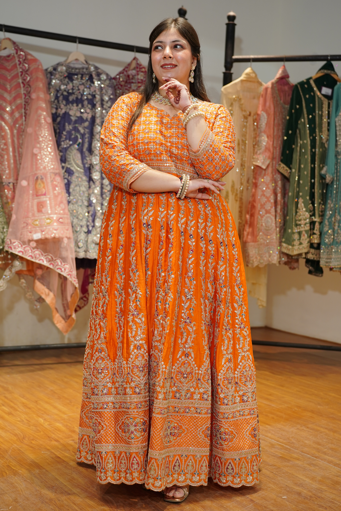 Aarunya Tangerine Embroidered Dress With Dupatta