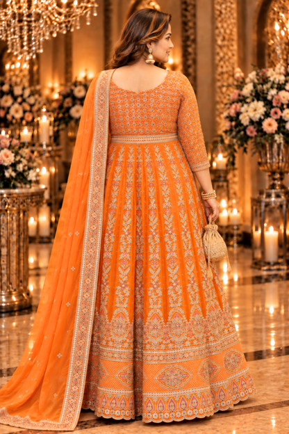 Aarunya Tangerine Embroidered Dress With Dupatta