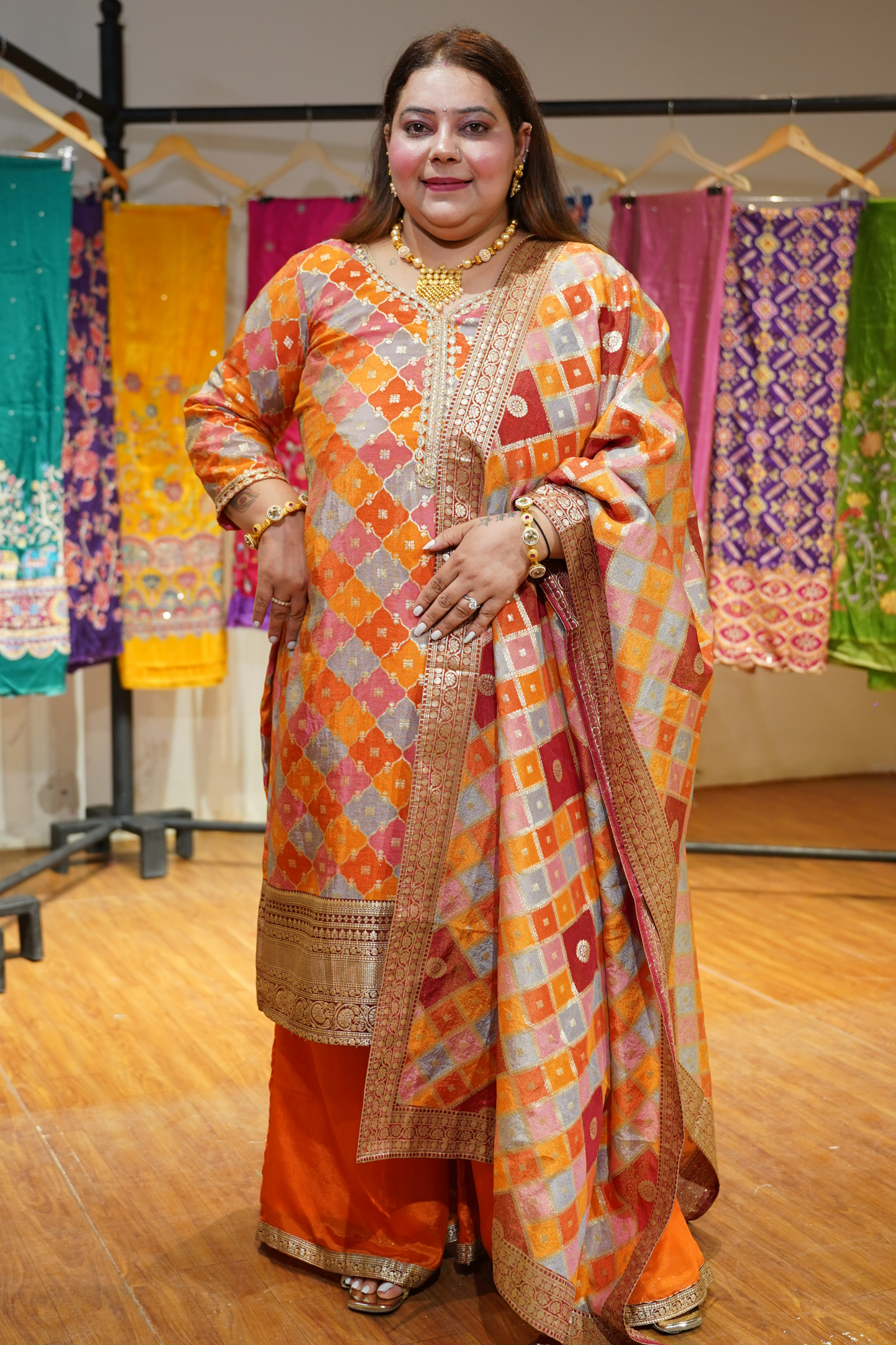 Amaira Saffron Suit Set in Jacquard Silk