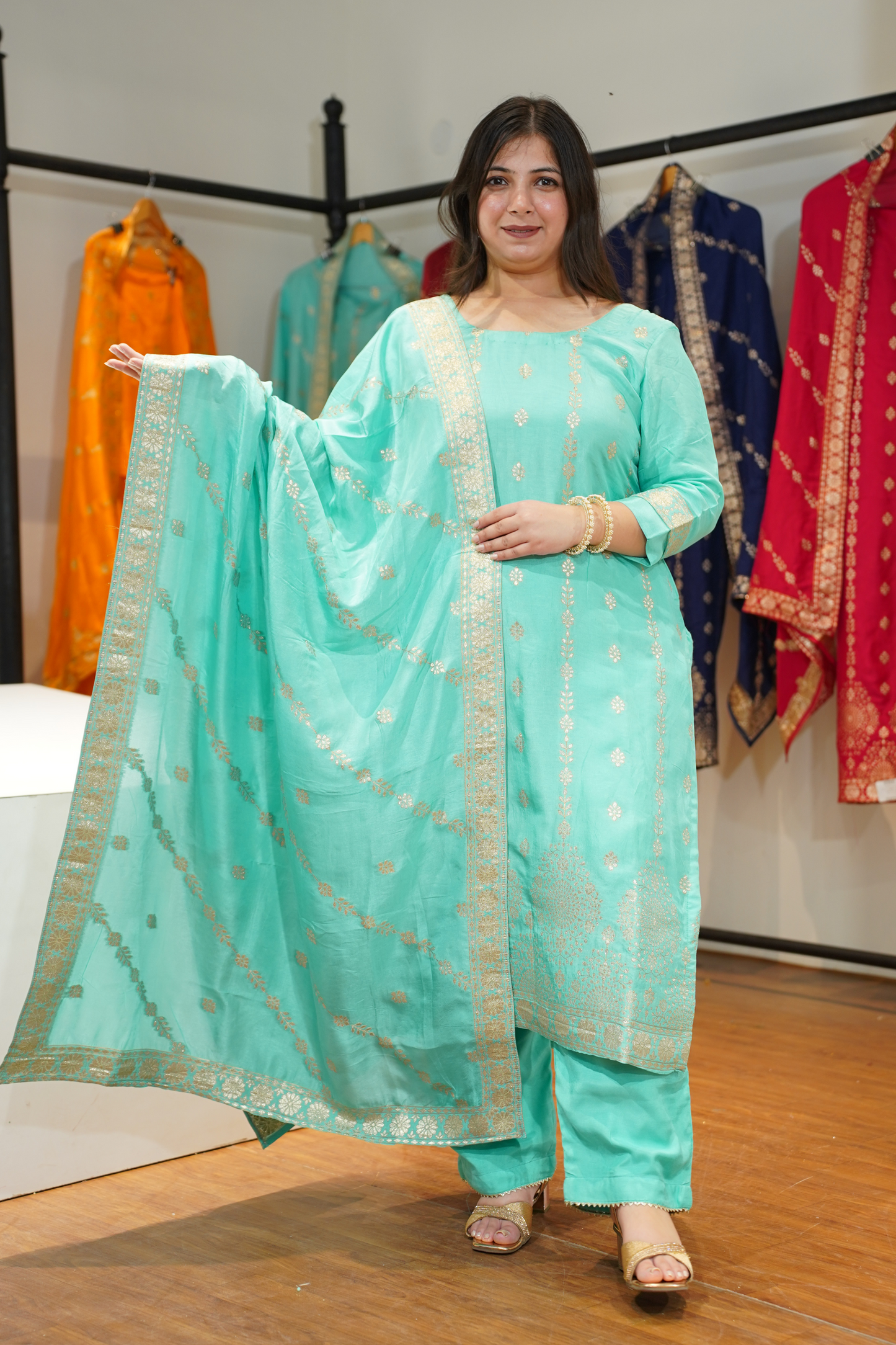 Anaaya Aqua Jacquard Silk Suit