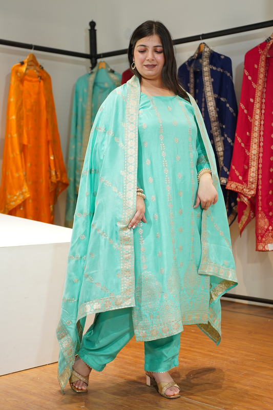 Anaaya Aqua Jacquard Silk Suit