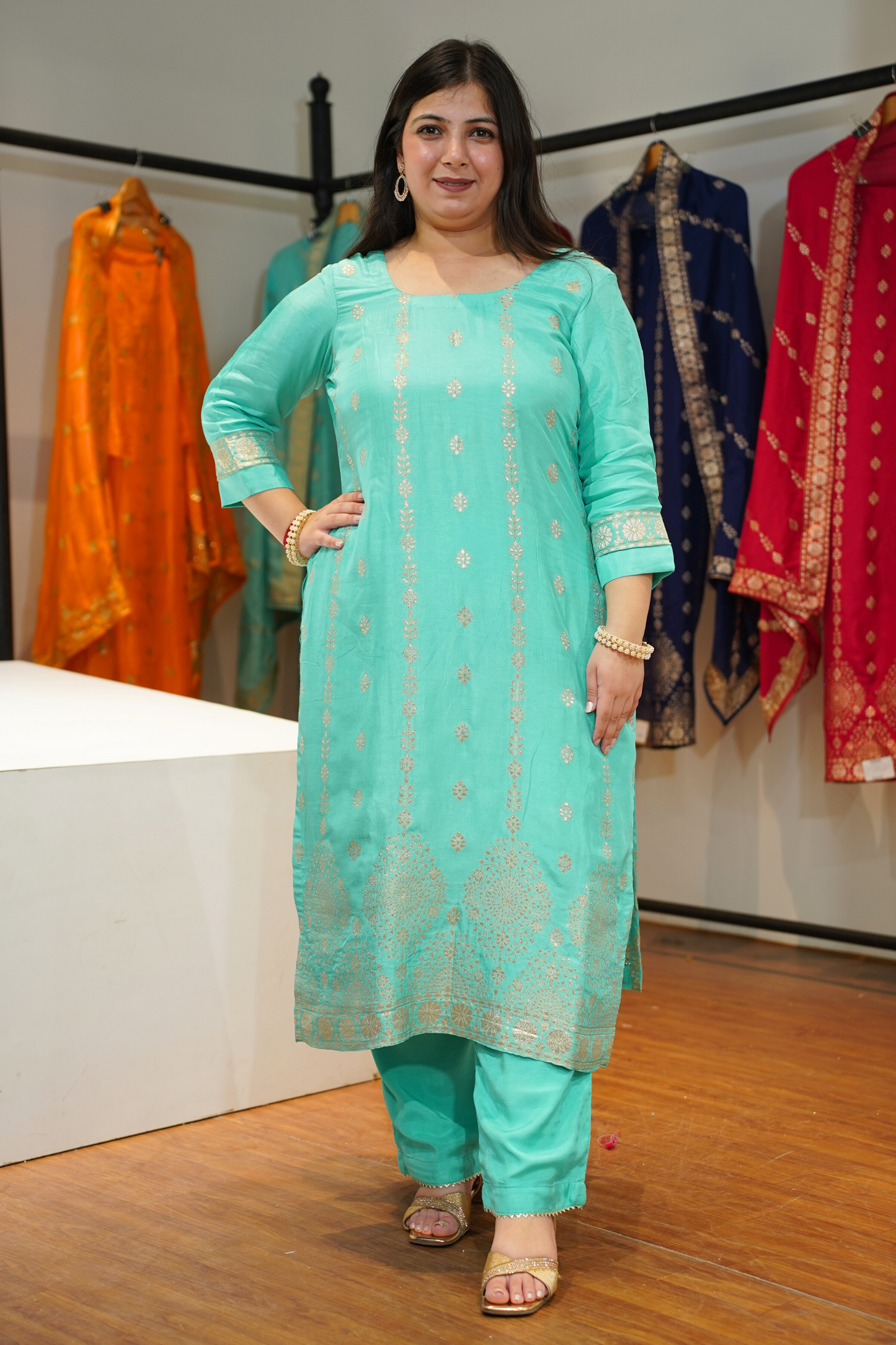 Anaaya Aqua Jacquard Silk Suit