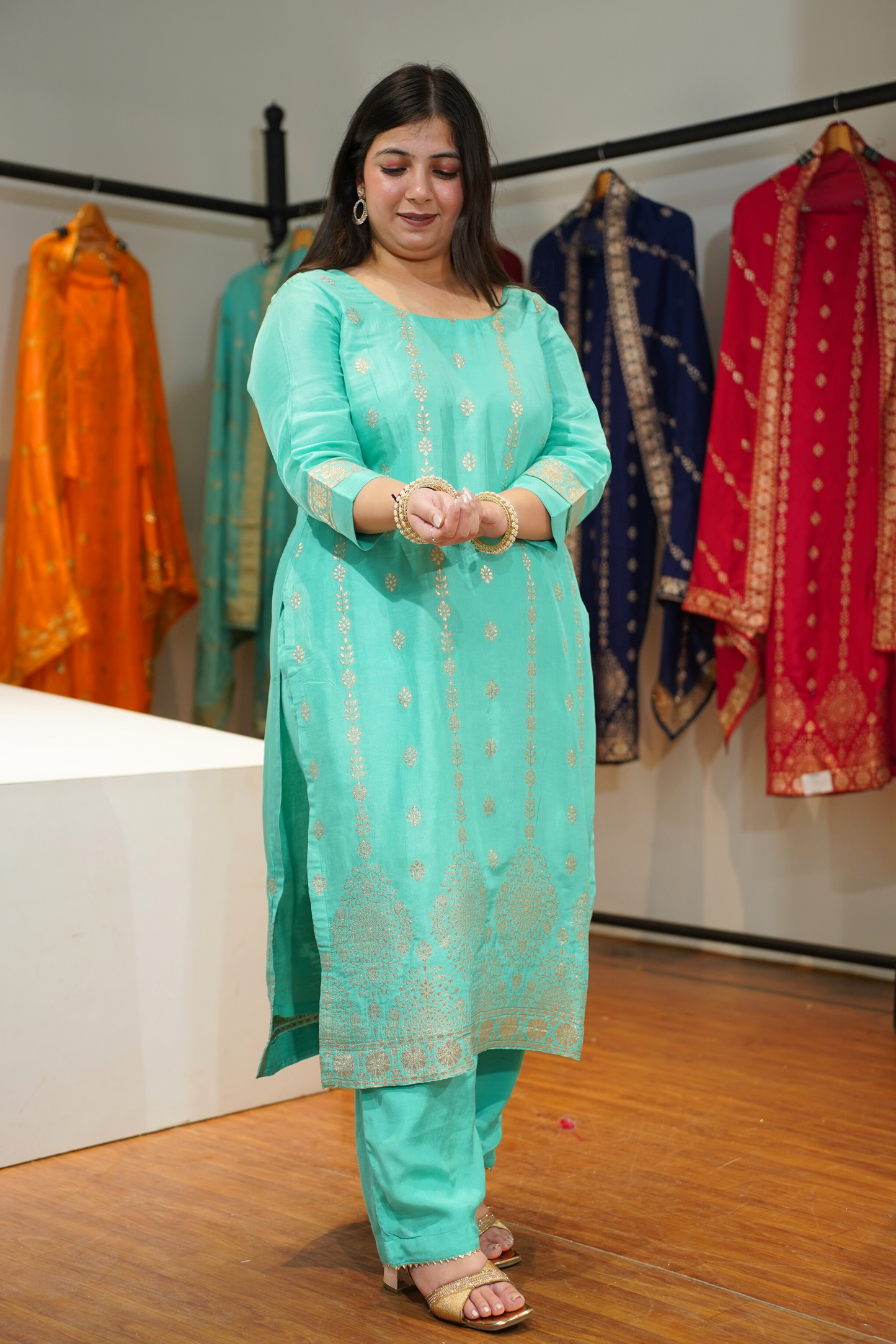 Anaaya Aqua Jacquard Silk Suit