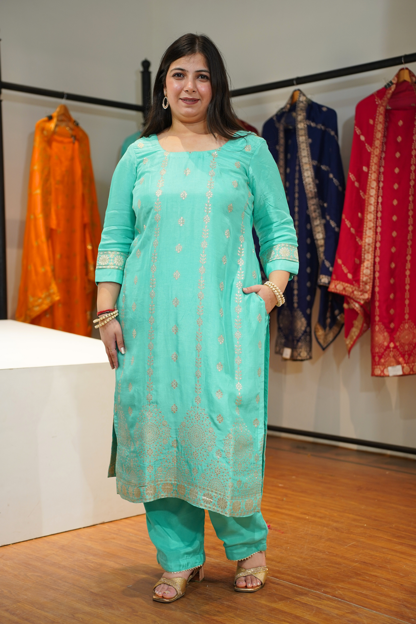 Anaaya Aqua Jacquard Silk Suit