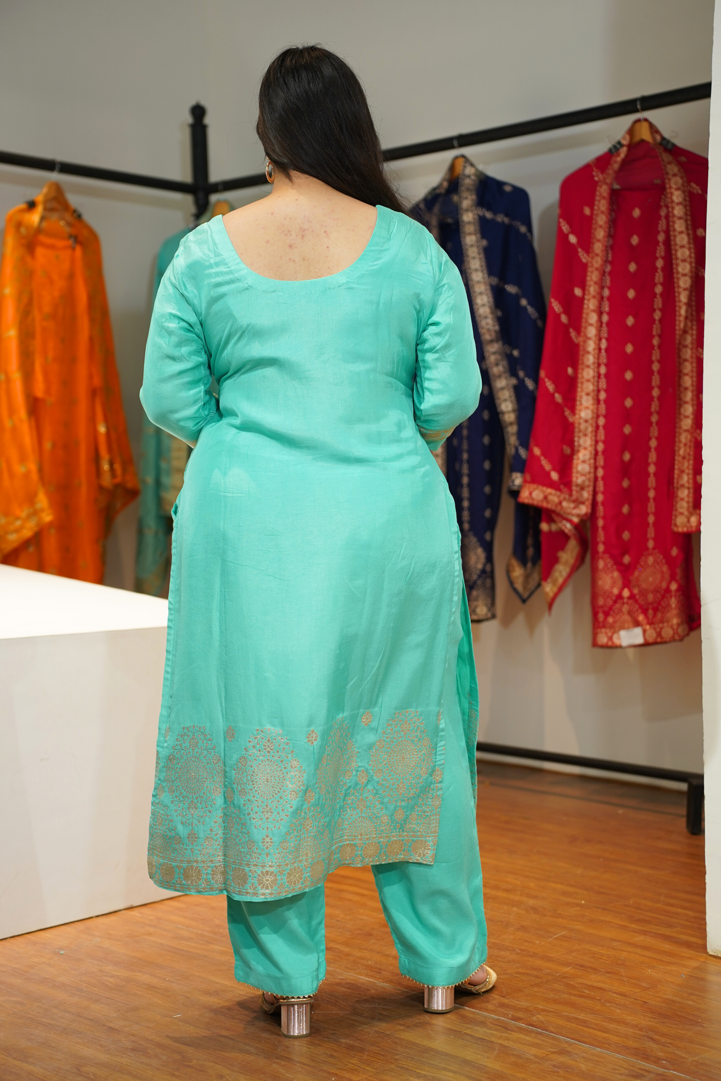 Anaaya Aqua Jacquard Silk Suit
