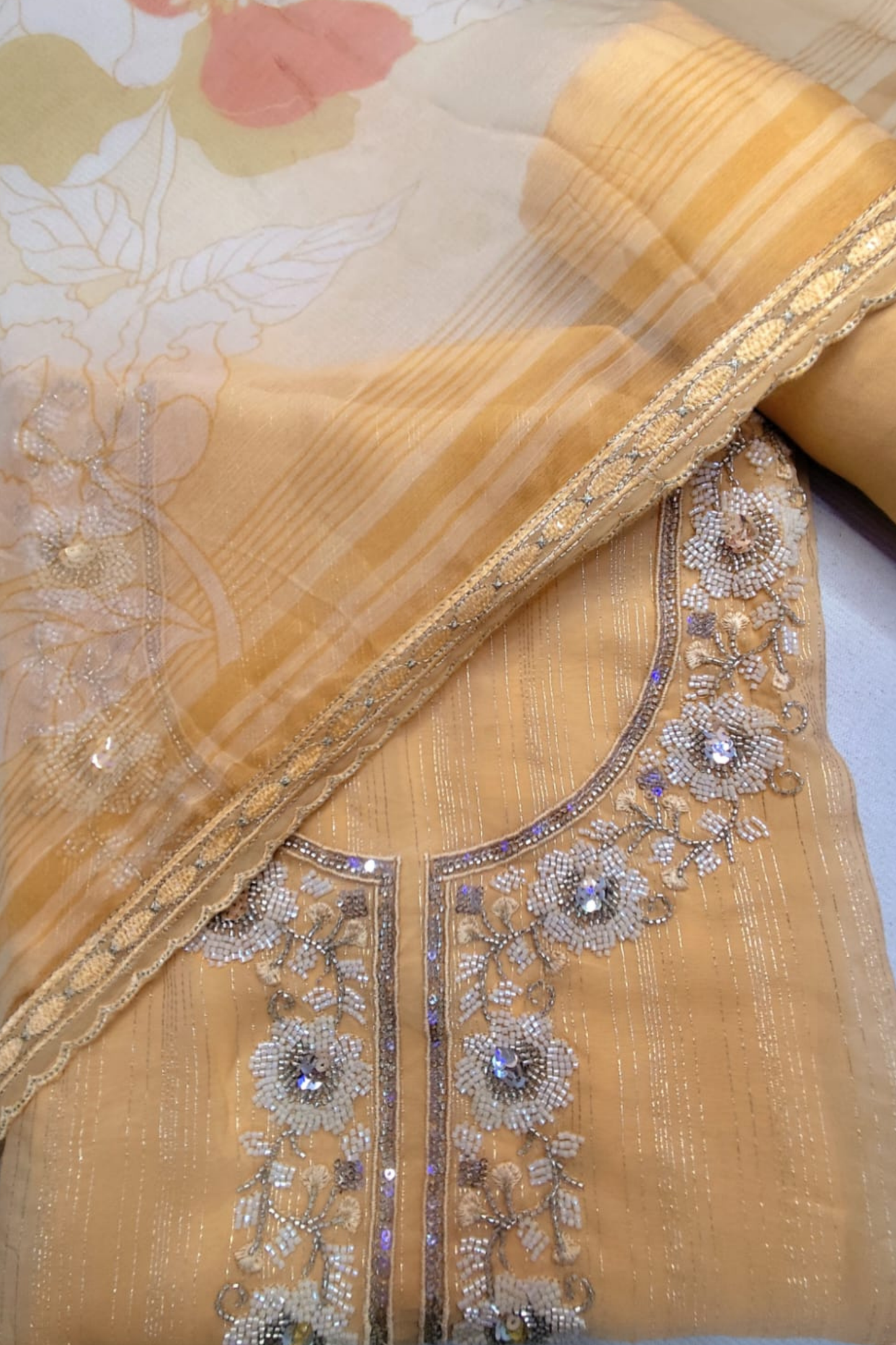 Apricot Organza Sequined Unstitched Suit