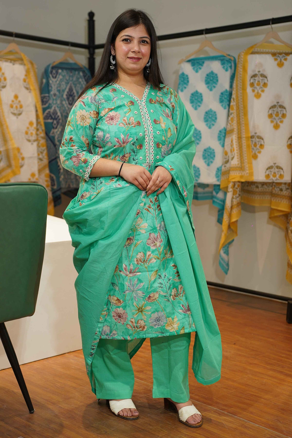 Aqua Green Floral Cotton Suit