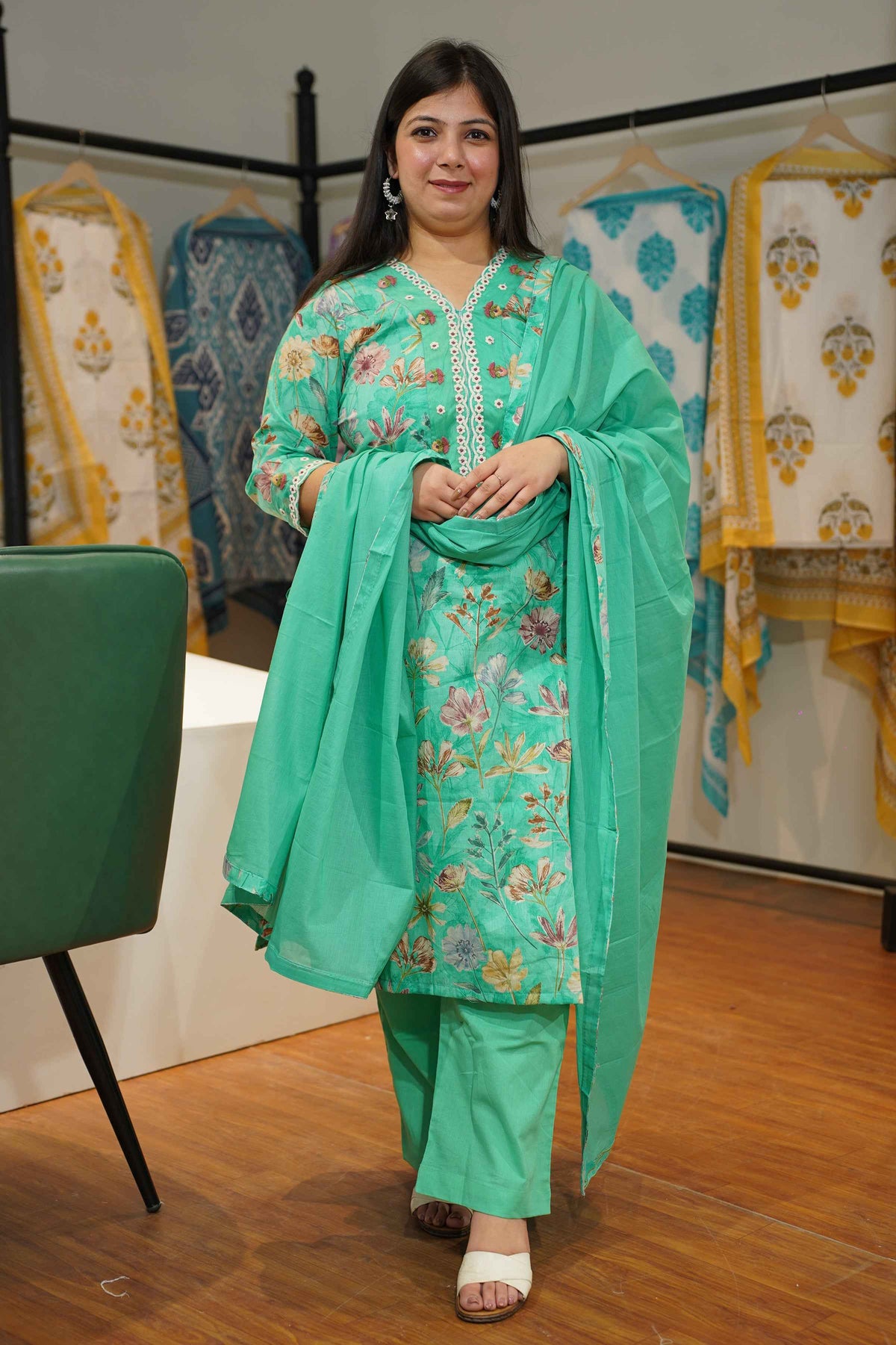 Aqua Green Floral Cotton Suit