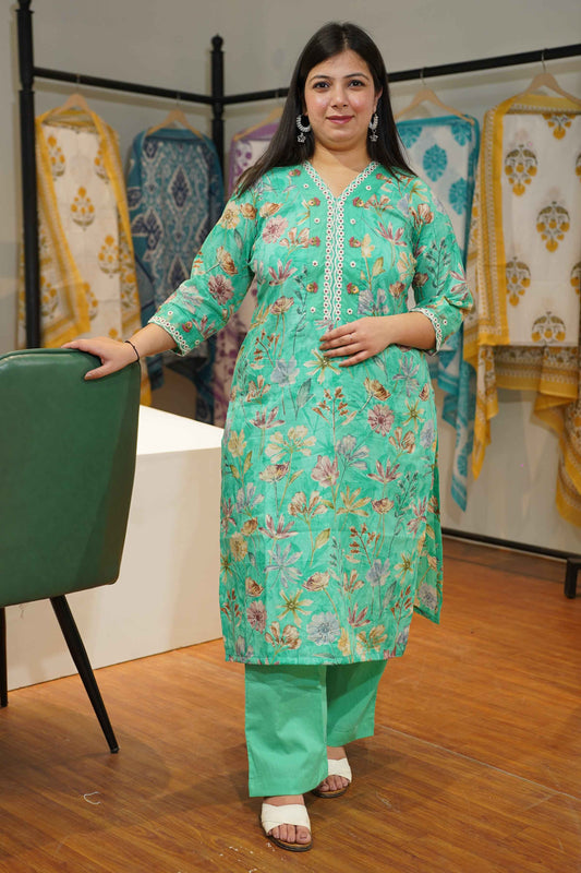 Aqua Green Floral Cotton Suit