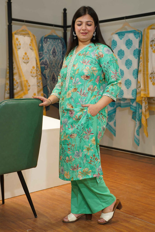 Aqua Green Floral Cotton Suit