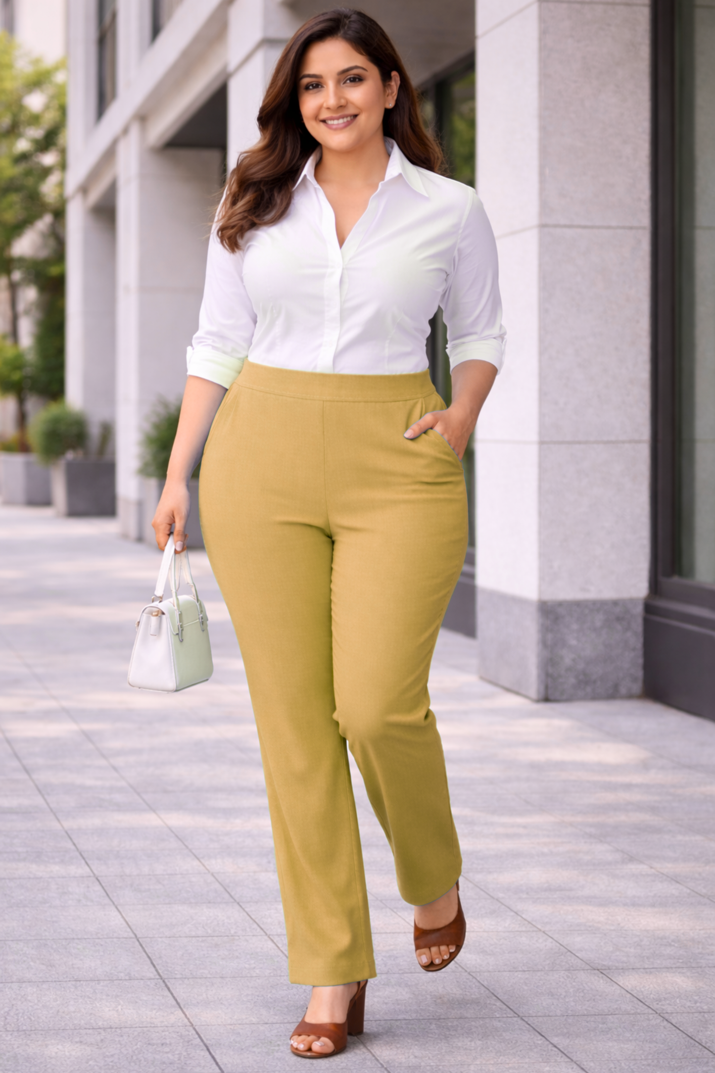 Beige Lycra Slub Pants