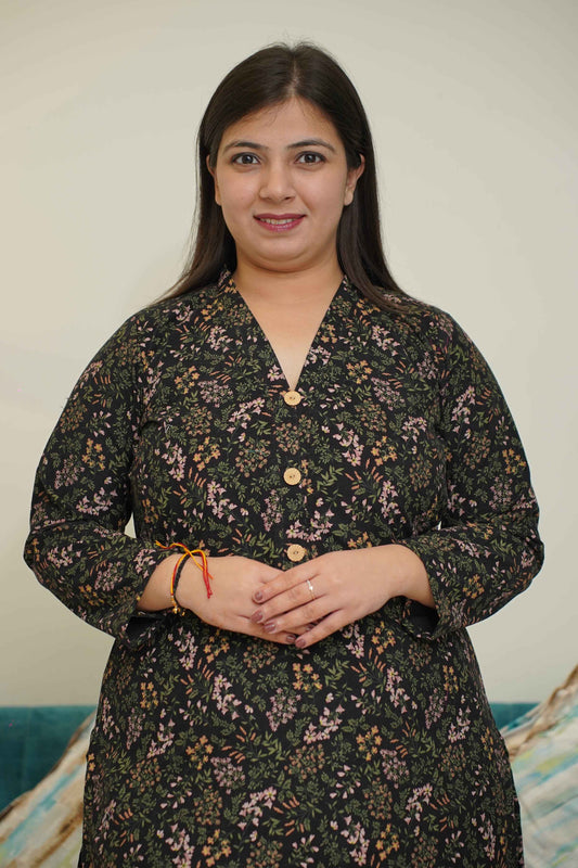 Black Floral Corduroy Kurta